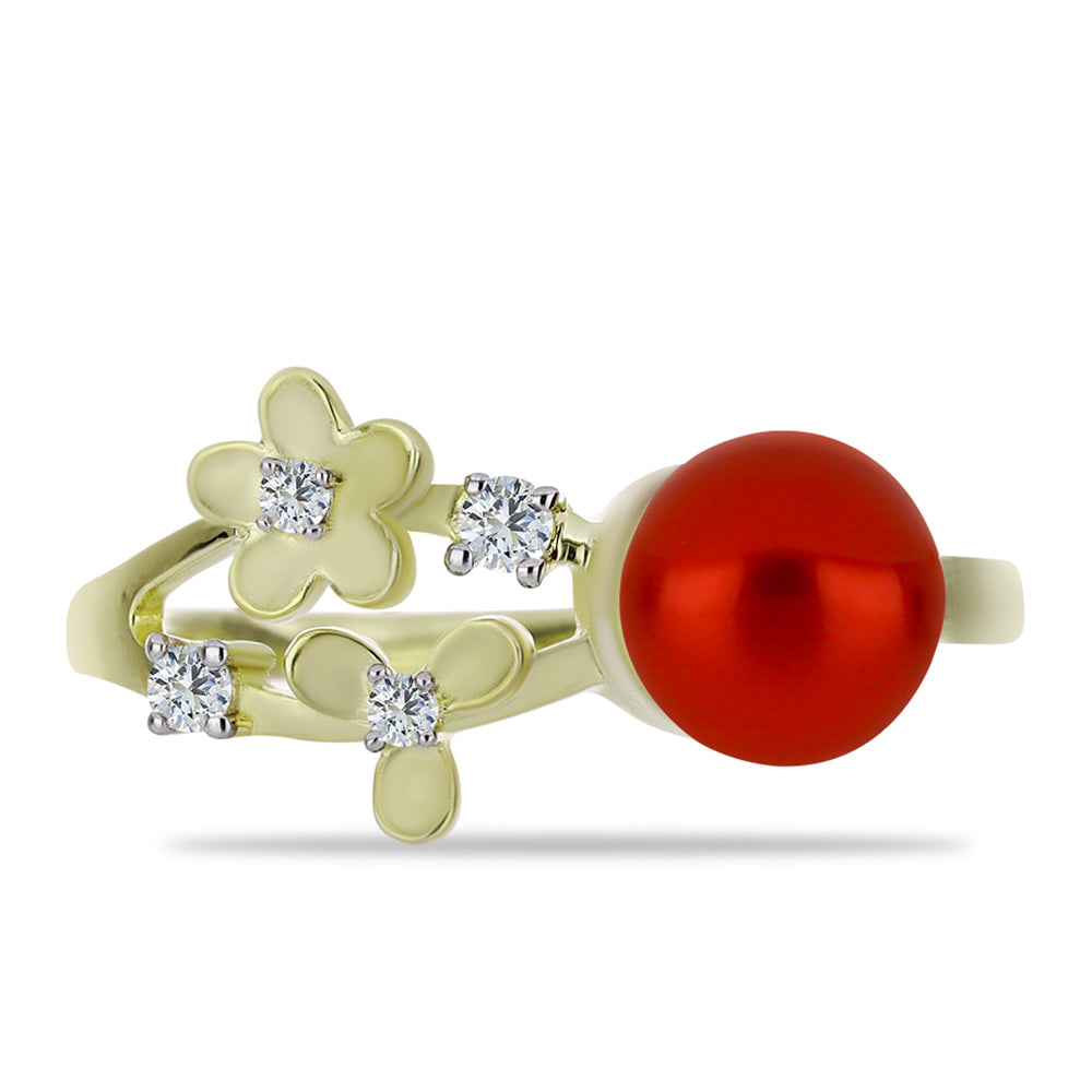 Anillo de Plata Bañada en Oro con Perla roja de río y Topacio Blanco 1 
