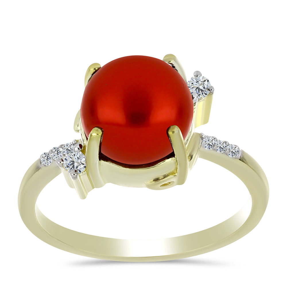 Anillo de Plata Bañada en Oro con Perla roja de río y Topacio Blanco 3 