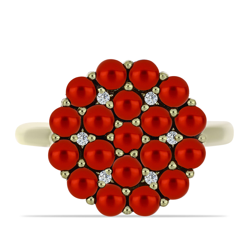 Anillo de Plata Bañada en Oro con Perla roja de río y Topacio Blanco