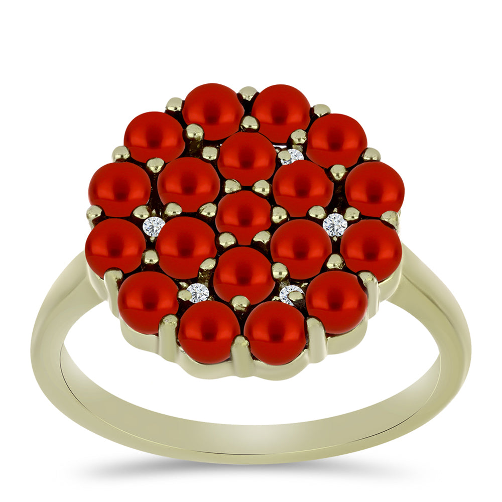 Anillo de Plata Bañada en Oro con Perla roja de río y Topacio Blanco 3 