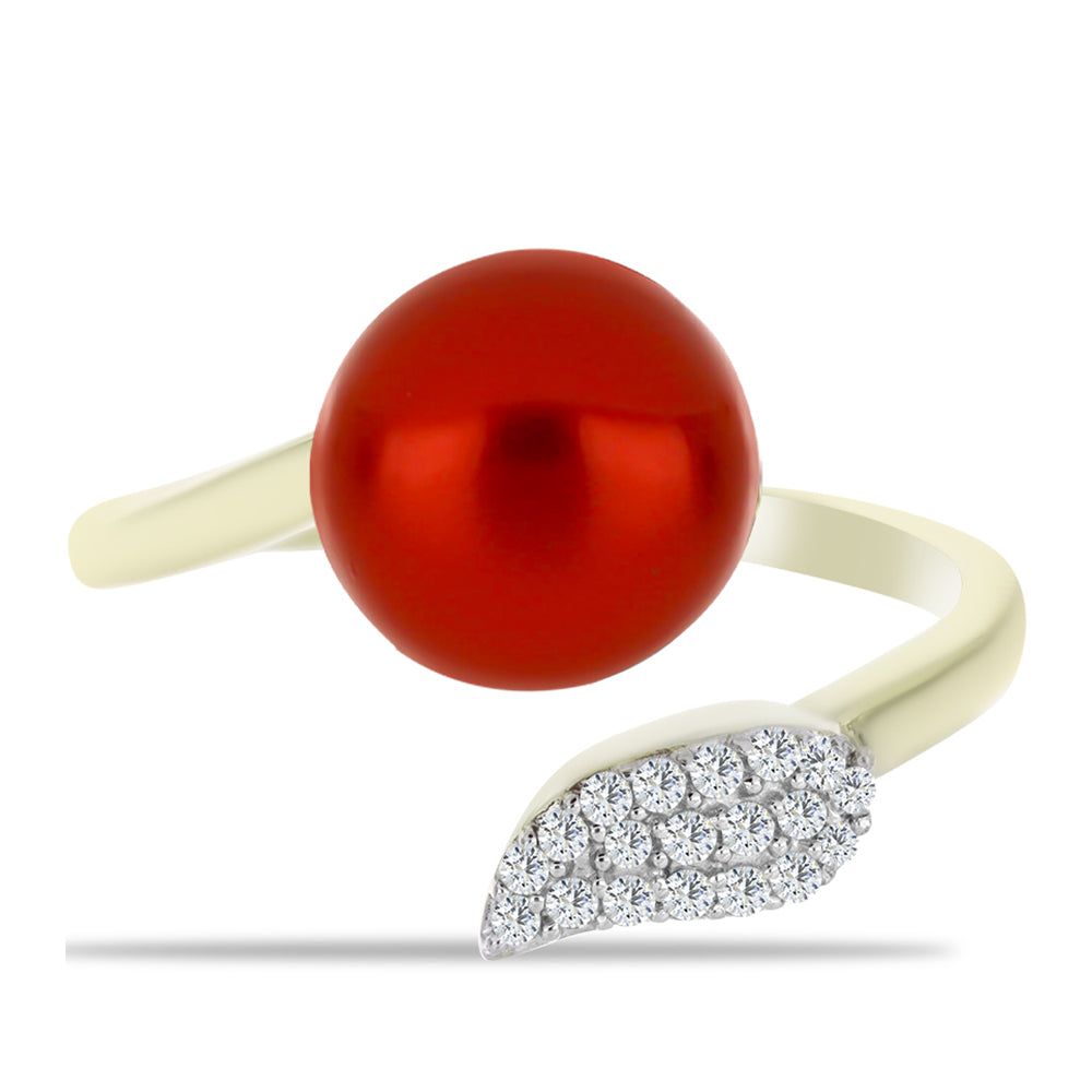 Anillo de Plata Bañada en Oro con Perla roja de río y Topacio Blanco 1 