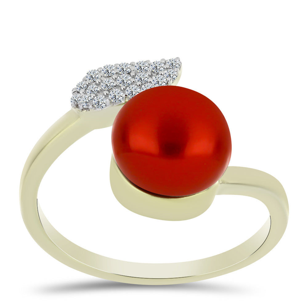 Anillo de Plata Bañada en Oro con Perla roja de río y Topacio Blanco 3 