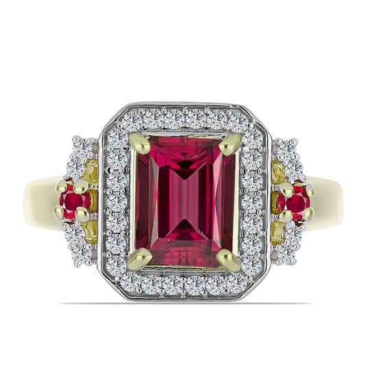 Anillo de Plata Bañada en Oro con Rubí de Madagascar y Topacio Blanco