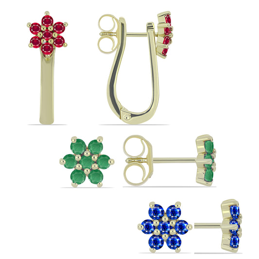 Conjunto de Plata Bañada en Oro con Rubí de Madagascar y Esmeralda de Brasil ( Pendientes )