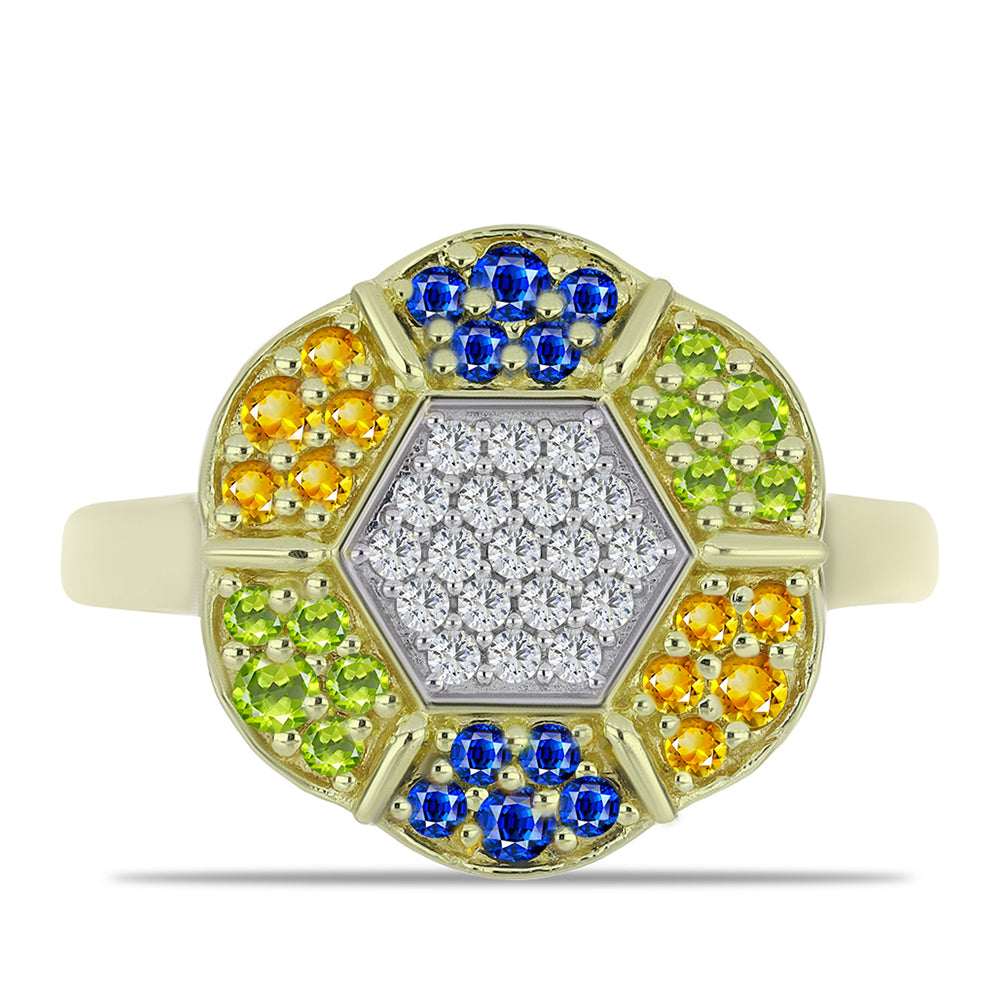 Anillo de Plata Bañada en Oro con Zafiro Arco Iris Rosebery y Topacio Blanco 1 