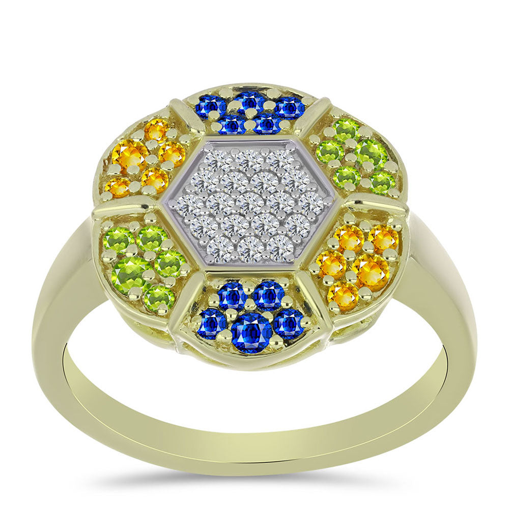 Anillo de Plata Bañada en Oro con Zafiro Arco Iris Rosebery y Topacio Blanco