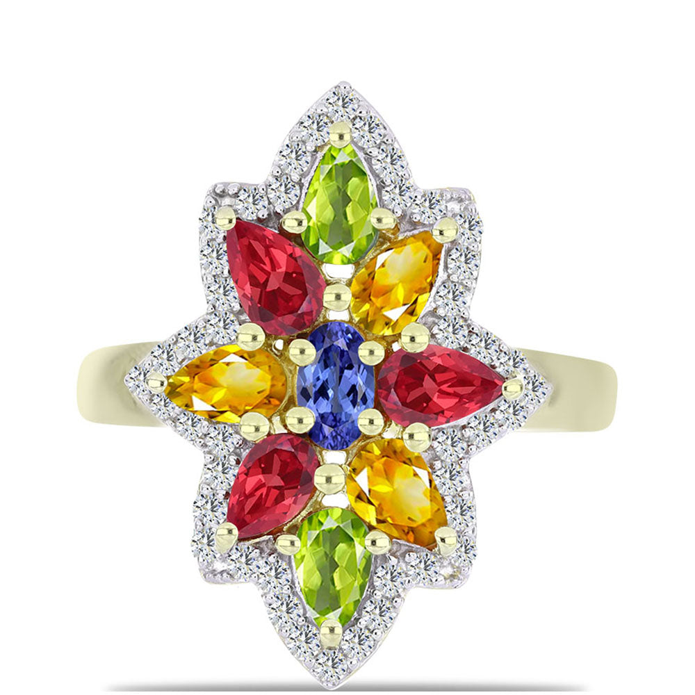 Anillo de Plata Bañada en Oro con Zafiro Arco Iris Rosebery y Topacio Blanco 1 