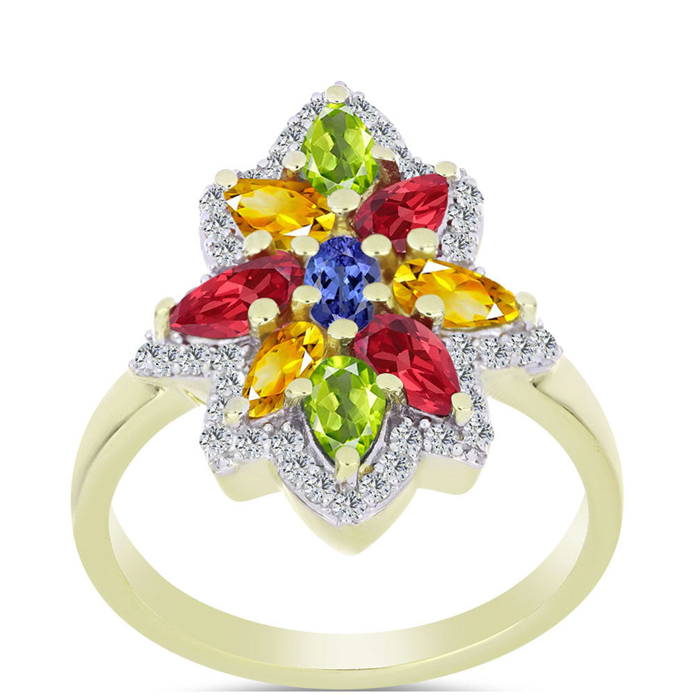 Anillo de Plata Bañada en Oro con Zafiro Arco Iris Rosebery y Topacio Blanco 3 