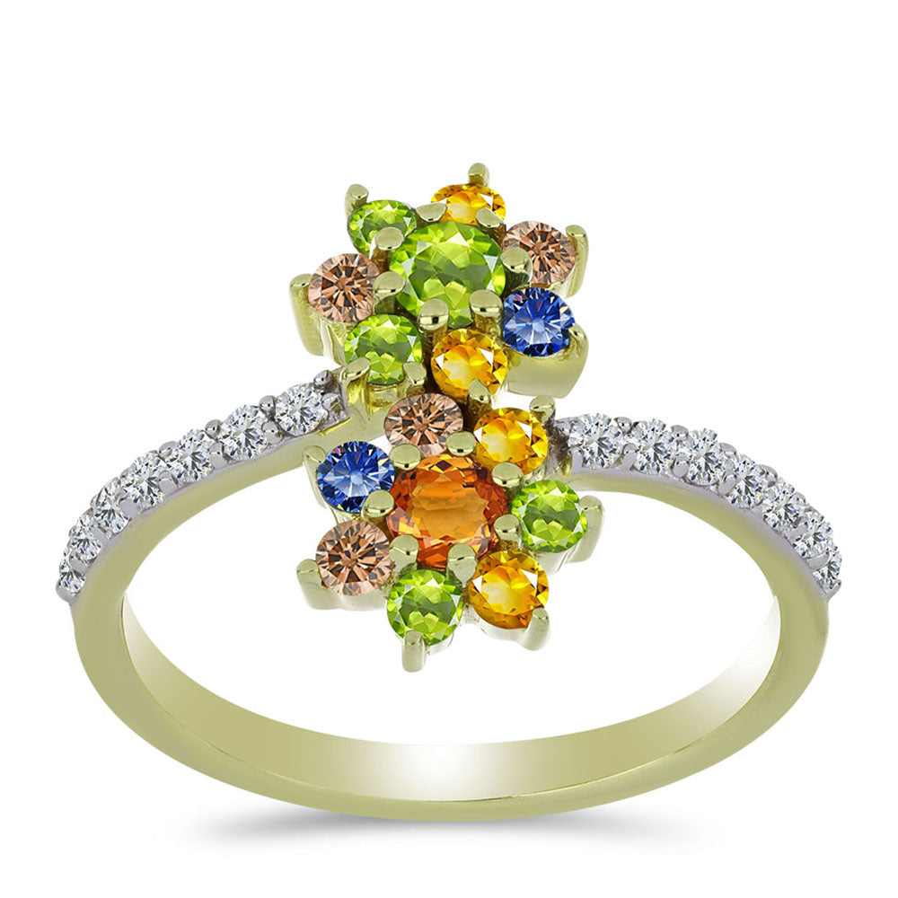 Anillo de Plata Bañada en Oro con Zafiro Arco Iris Rosebery y Topacio Blanco