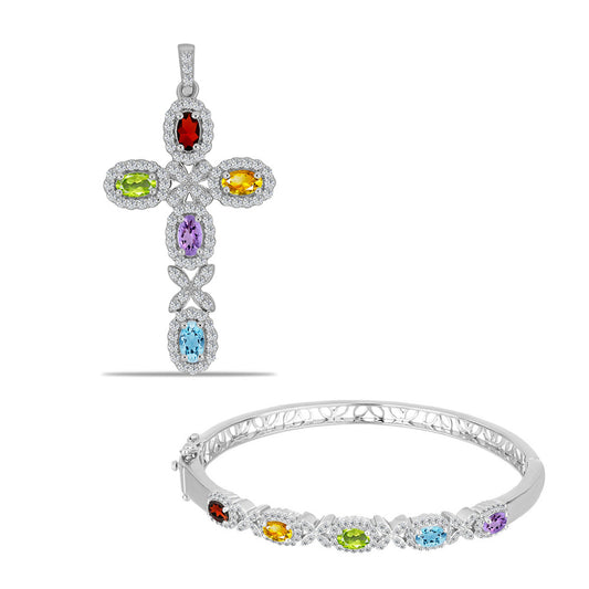 Cruz Conjunto de Plata con Amatista Rosa de Francia y Citrino de los Montes Urales ( Pulsera +Colgante )