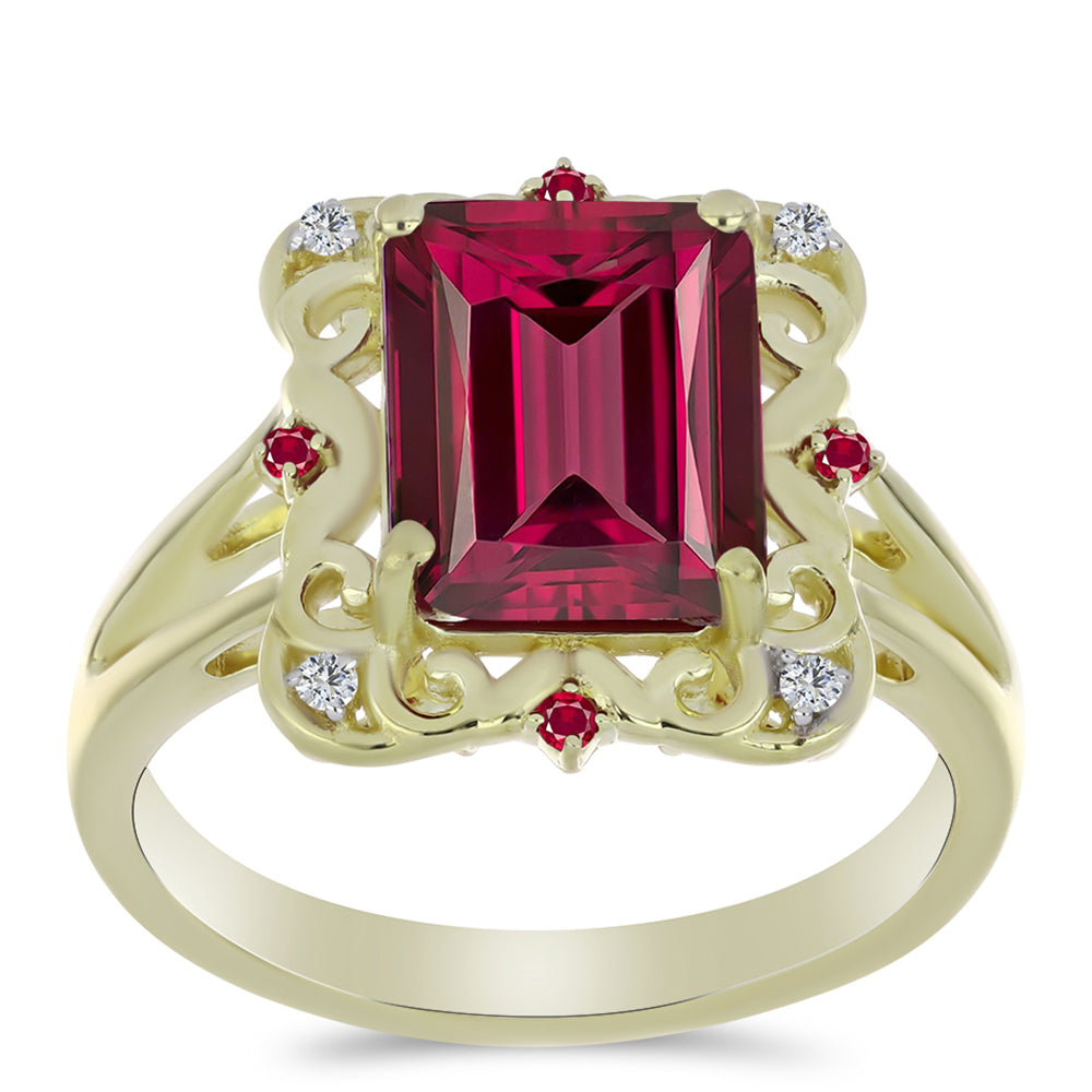 Anillo de Plata Bañada en Oro con Rubí de Madagascar y Topacio Blanco 3 