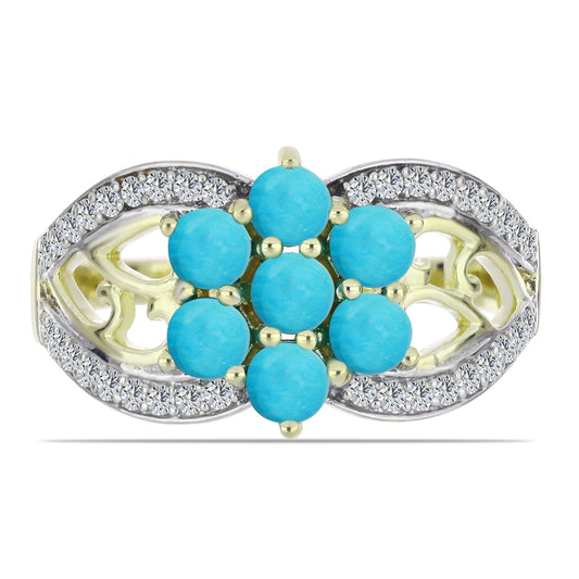 Anillo de Plata Bañada en Oro con Turquesa Bella Durmiente y Topacio Blanco