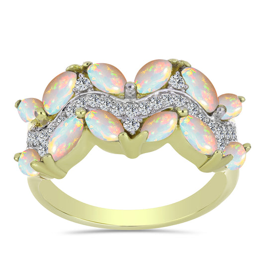 Anillo de Plata Bañada en Oro con Ópalo Etíope de Lega Dembi y Topacio Blanco