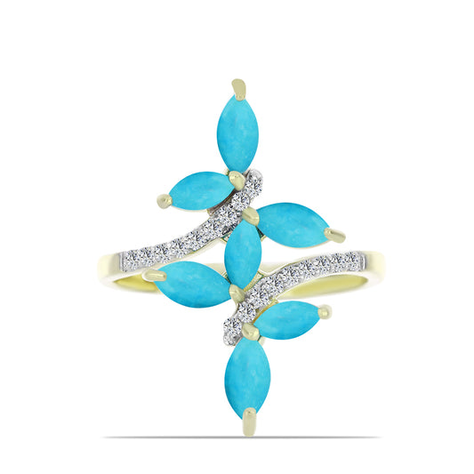 Anillo de Plata Bañada en Oro con Turquesa Bella Durmiente y Topacio Blanco