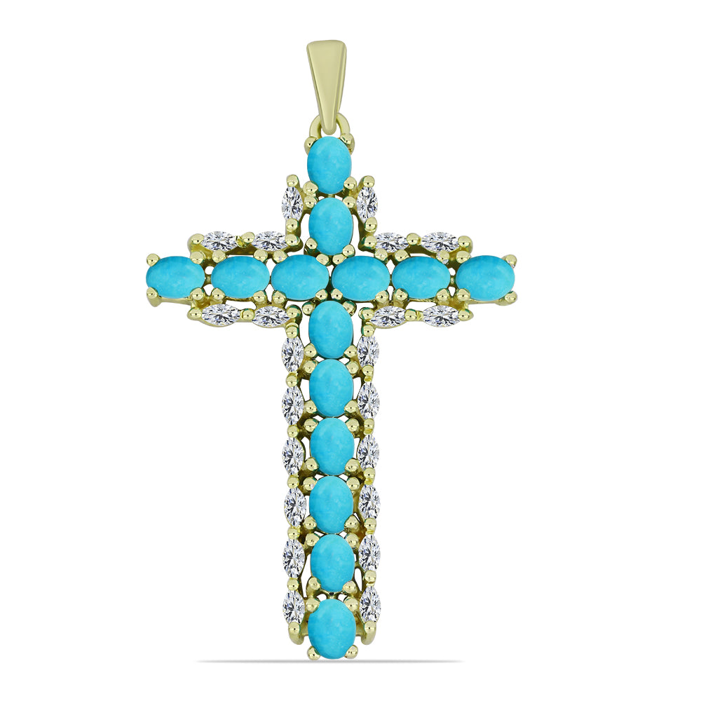 Cruz Colgante de Plata Bañada en Oro con Turquesa Bella Durmiente y Zircón Blanco