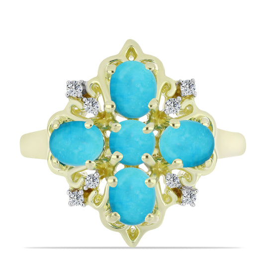 Anillo de Plata Bañada en Oro con Turquesa Bella Durmiente y Topacio Blanco