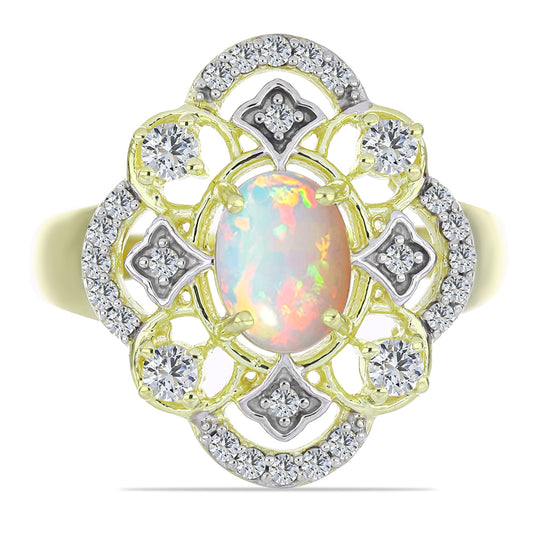 Anillo de Plata Bañada en Oro con Ópalo Etíope de Lega Dembi y Topacio Blanco