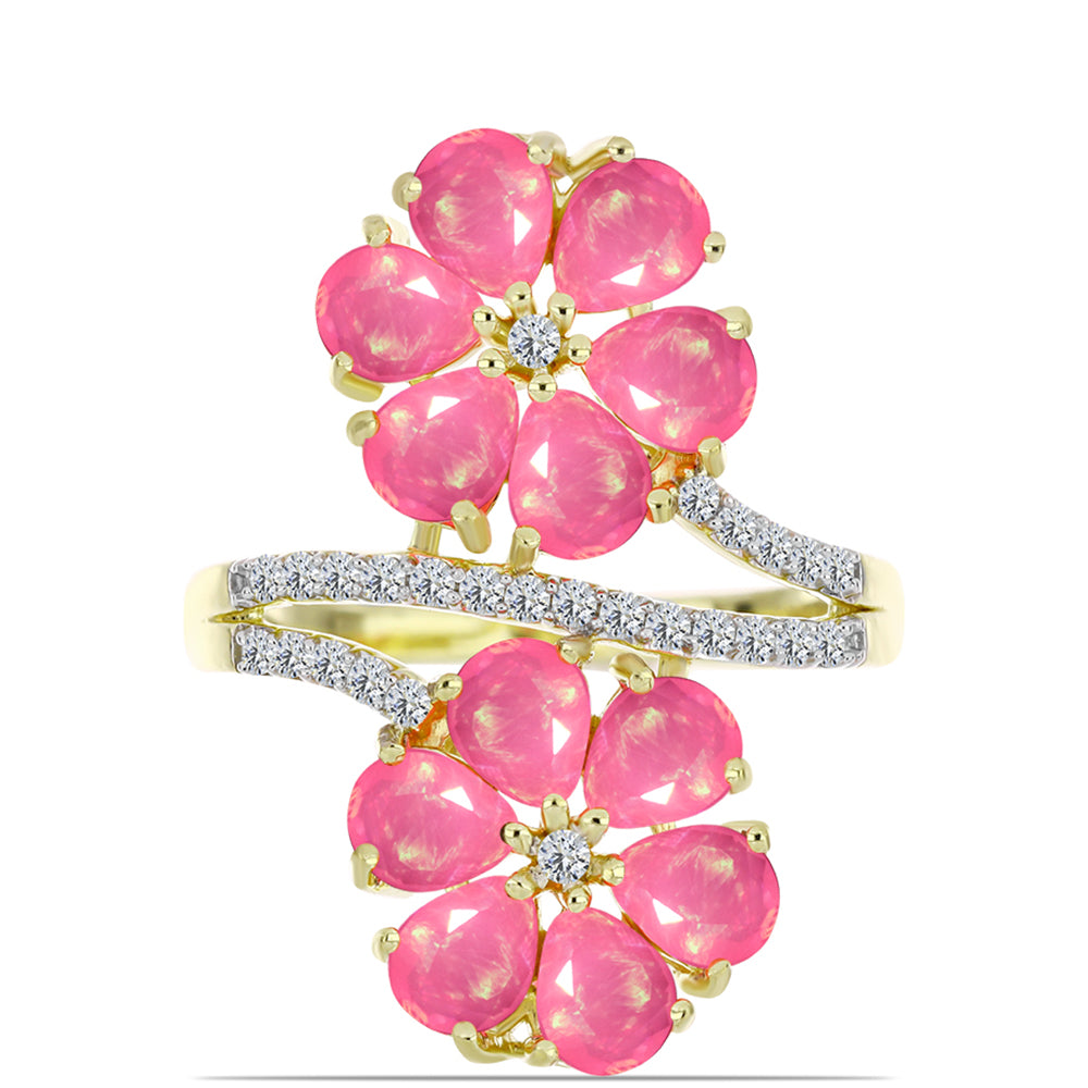 Anillo de Plata Bañada en Oro con Ópalo Rosa Etíope de Lega Dembi y Topacio Blanco 1 