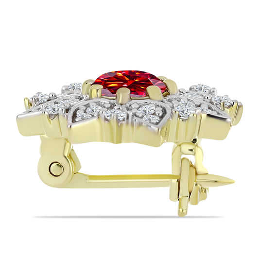 Broche de Plata Bañada en Oro con Majestuosa moisanita roja y Topacio Blanco