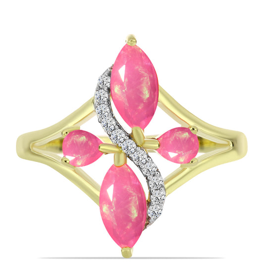 Anillo de Plata Bañada en Oro con Ópalo Rosa Etíope de Lega Dembi y Topacio Blanco