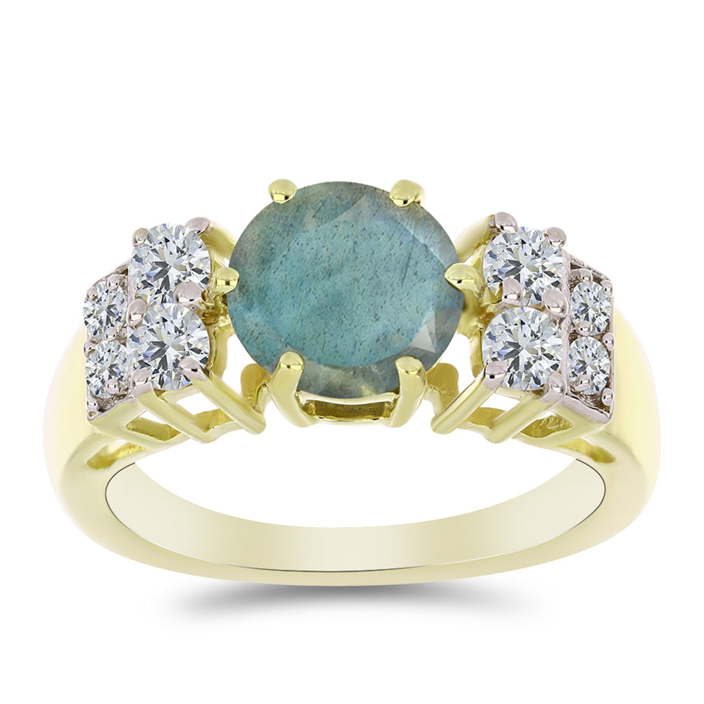 Anillo de Plata Bañada en Oro con Labradorita y Topacio Blanco