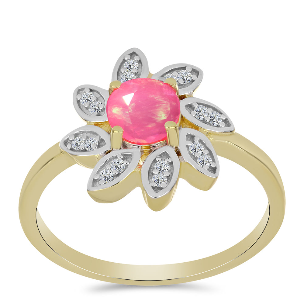 Anillo de Plata Bañada en Oro con Ópalo Rosa Etíope de Lega Dembi y Topacio Blanco