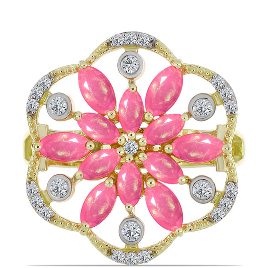 Anillo de Plata Bañada en Oro con Ópalo Rosa Etíope de Lega Dembi y Topacio Blanco