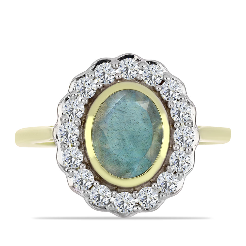 Anillo de Plata Bañada en Oro con Labradorita y Topacio Blanco