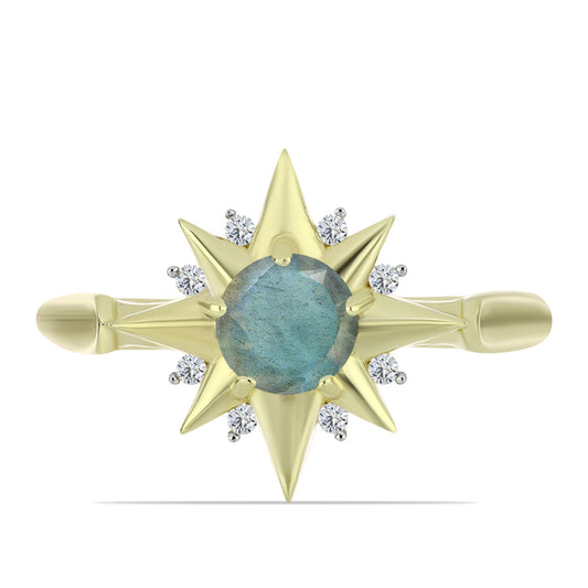 Anillo de Plata Bañada en Oro con Labradorita y Topacio Blanco