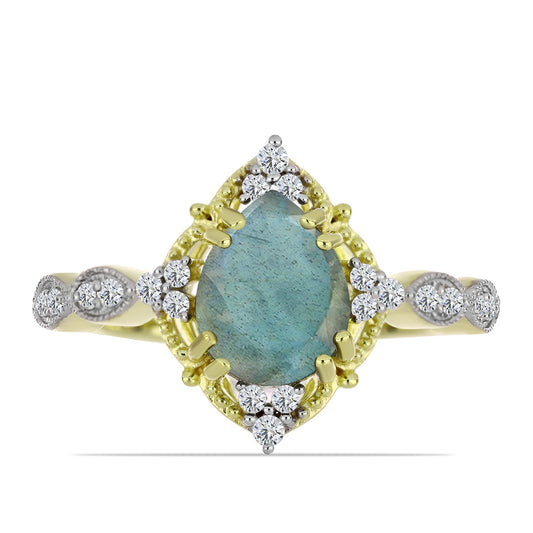 Anillo de Plata Bañada en Oro con Labradorita y Topacio Blanco