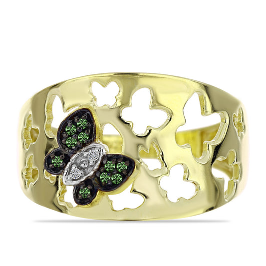 Anillo de Plata Bañada en Oro con Diamante Verde y Diamante blanco