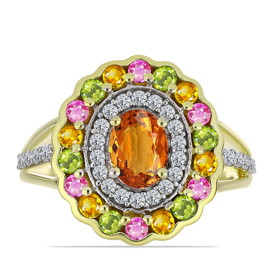 Anillo de Plata Bañada en Oro con Chakra Turmalina y Topacio Blanco