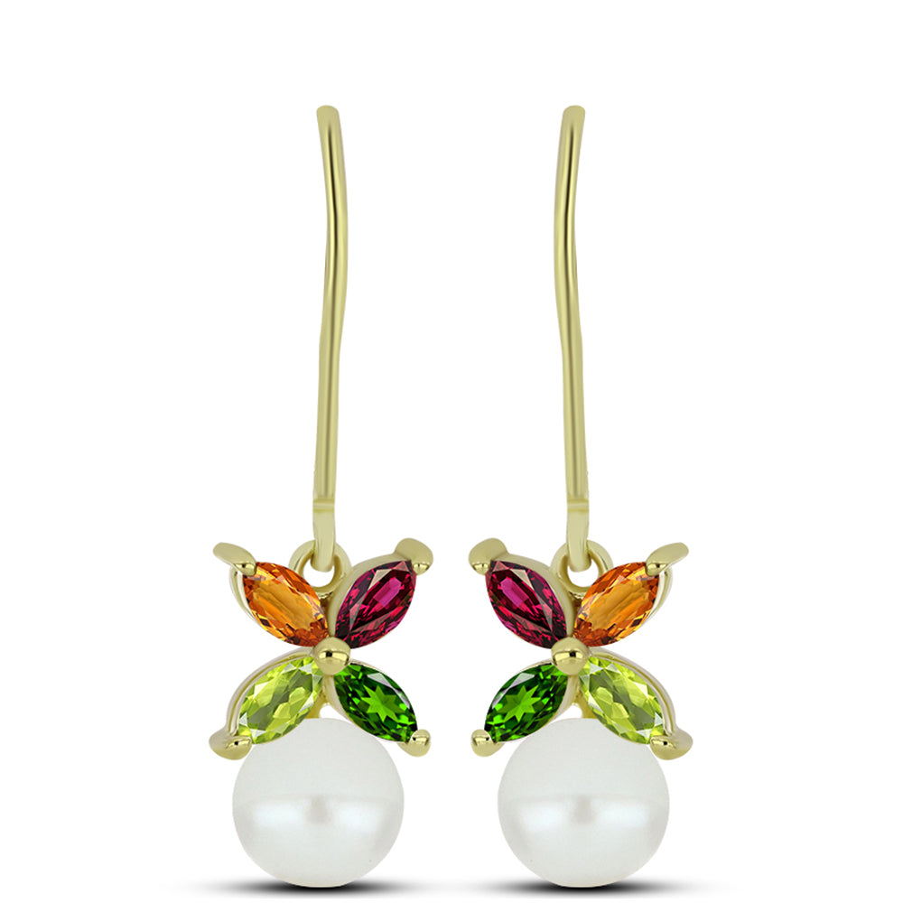 Pendientes de Plata Bañada en Oro con Chakra Turmalina y Perla de Agua Dulce 1 