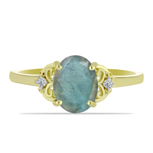 Anillo de Plata Bañada en Oro con Labradorita y Topacio Blanco