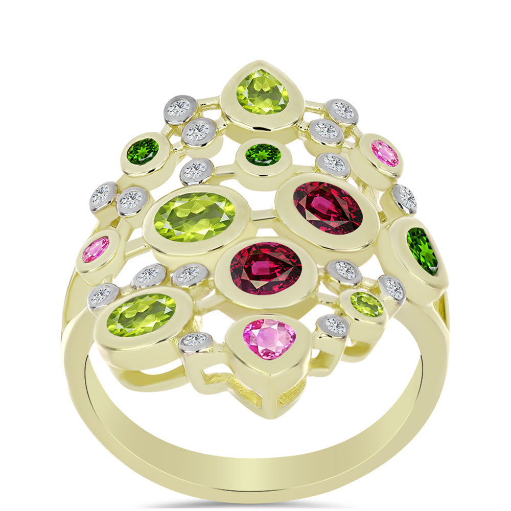 Anillo de Plata Bañada en Oro con Chakra Turmalina y Topacio Blanco 3 