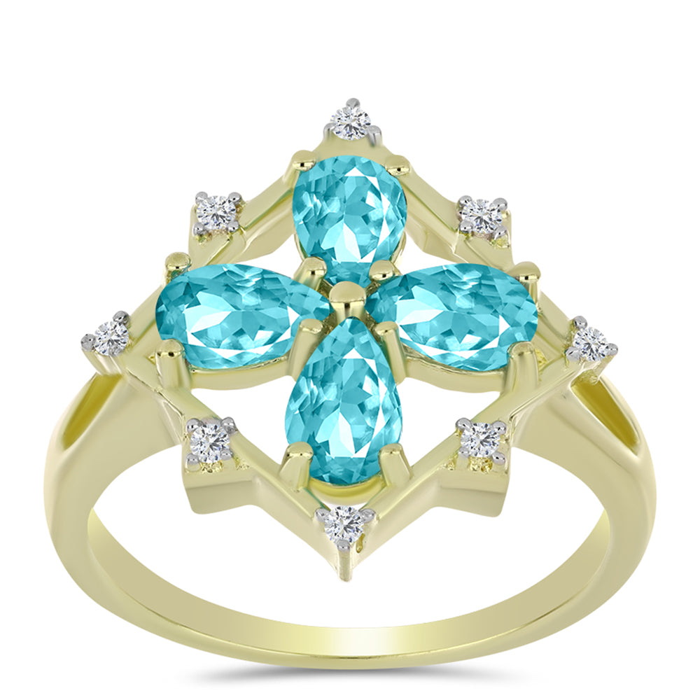Anillo de Plata Bañada en Oro con Cuarzo Paraiba y Topacio Blanco 3 