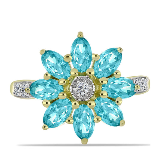 Anillo de Plata Bañada en Oro con Cuarzo Paraiba y Topacio Blanco