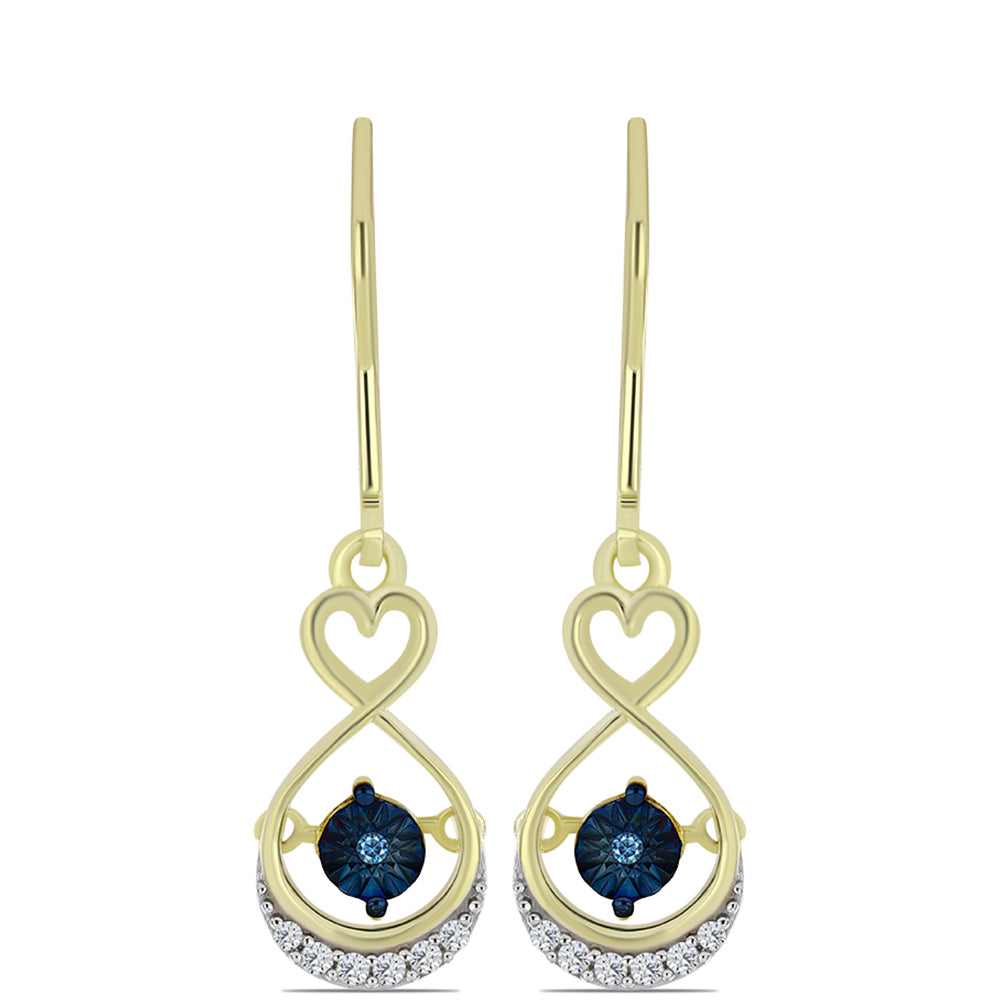 Pendientes de Plata Bañada en Oro con Diamante azul danzante y Topacio Blanco