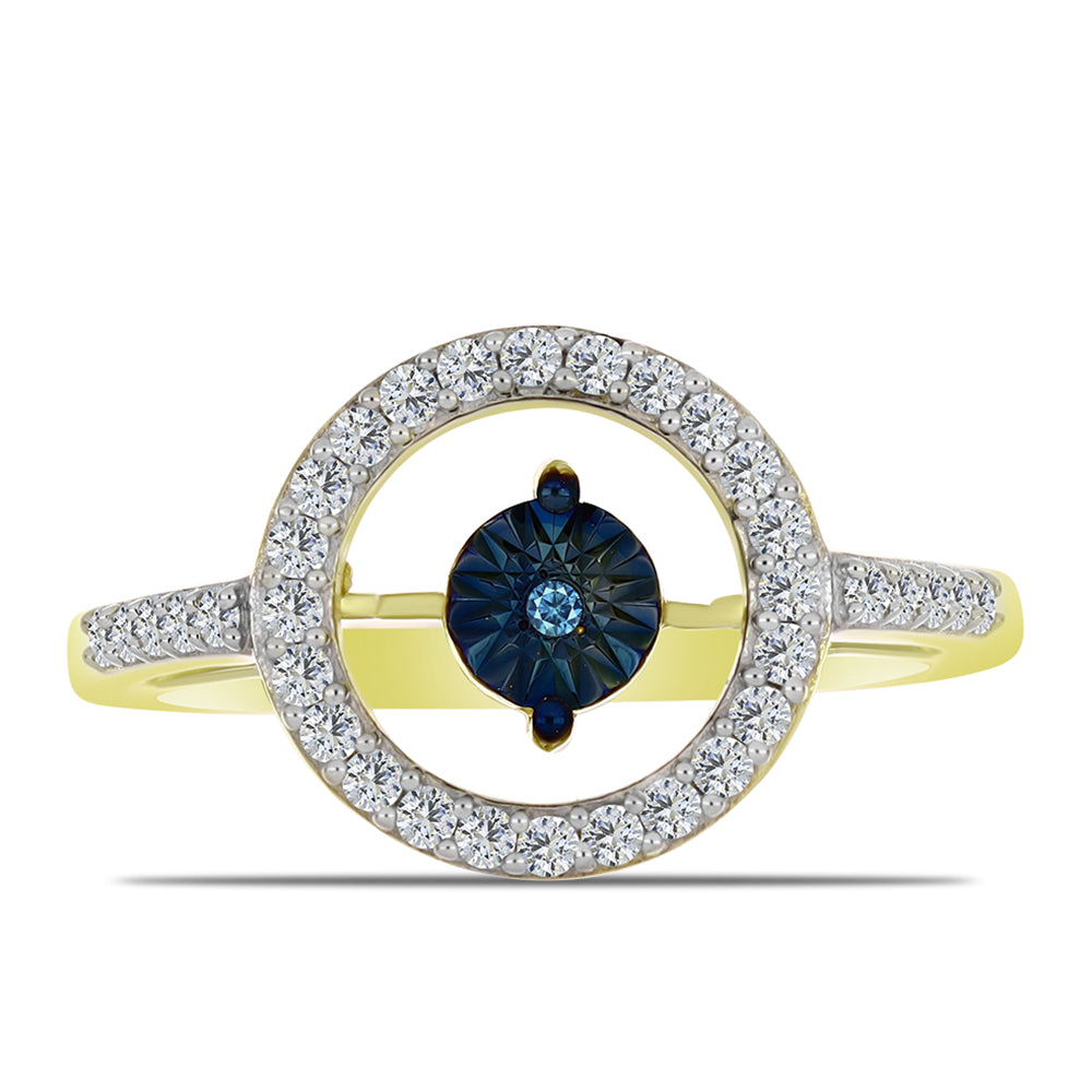 Anillo de Plata Bañada en Oro con Diamante azul danzante y Topacio Blanco
