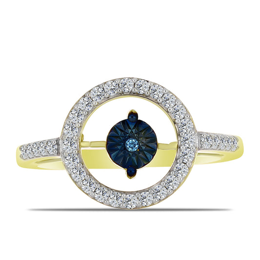 Anillo de Plata Bañada en Oro con Diamante azul danzante y Topacio Blanco