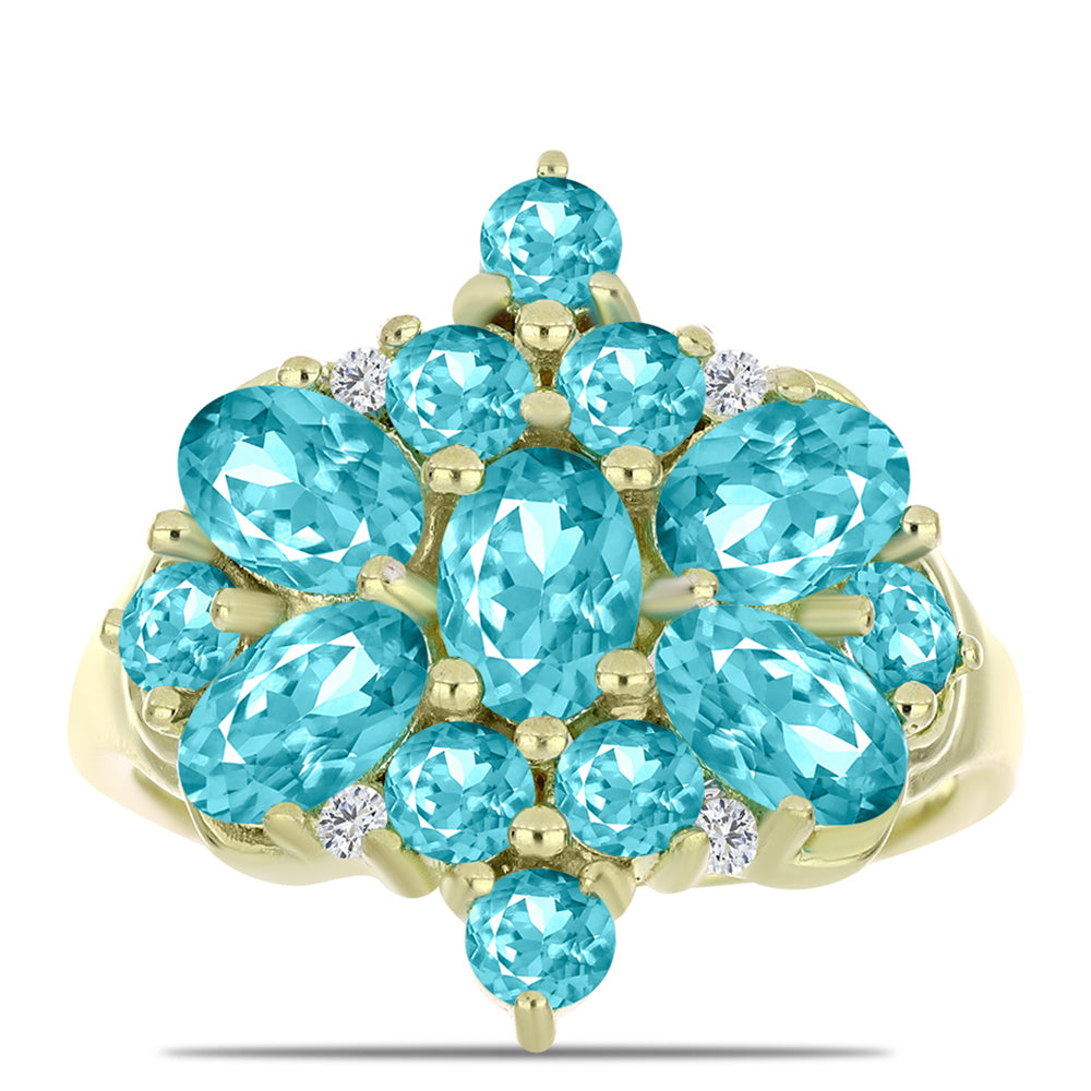 Anillo de Plata Bañada en Oro con Cuarzo Paraiba y Topacio Blanco 1 