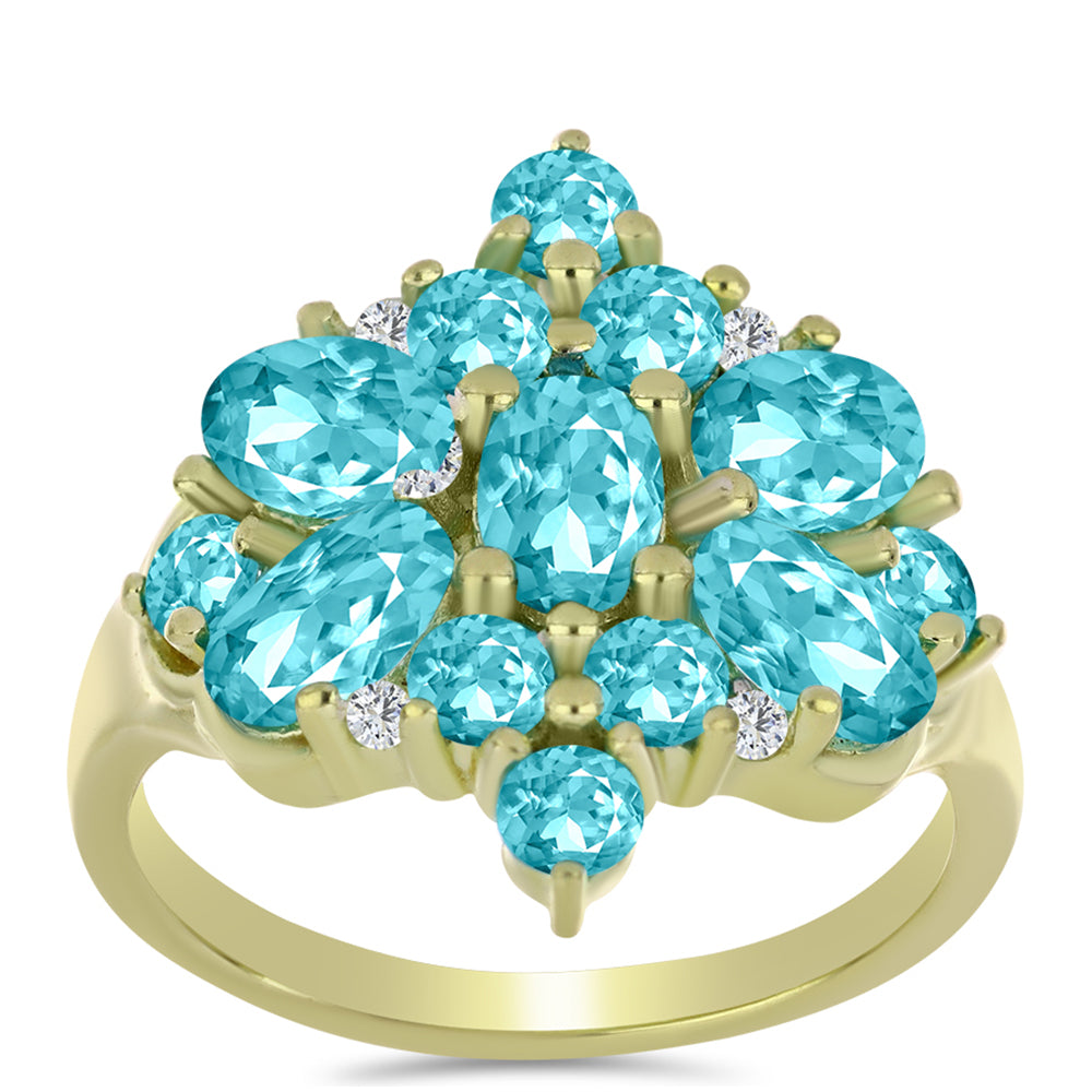 Anillo de Plata Bañada en Oro con Cuarzo Paraiba y Topacio Blanco
