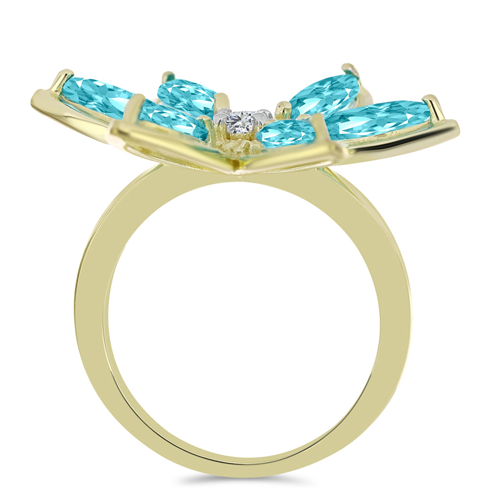 Anillo de Plata Bañada en Oro con Cuarzo Paraiba y Topacio Blanco 2 