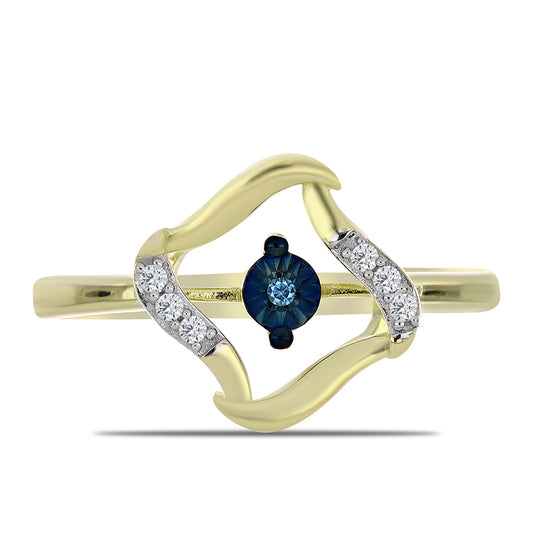 Anillo de Plata Bañada en Oro con Diamante azul danzante y Topacio Blanco