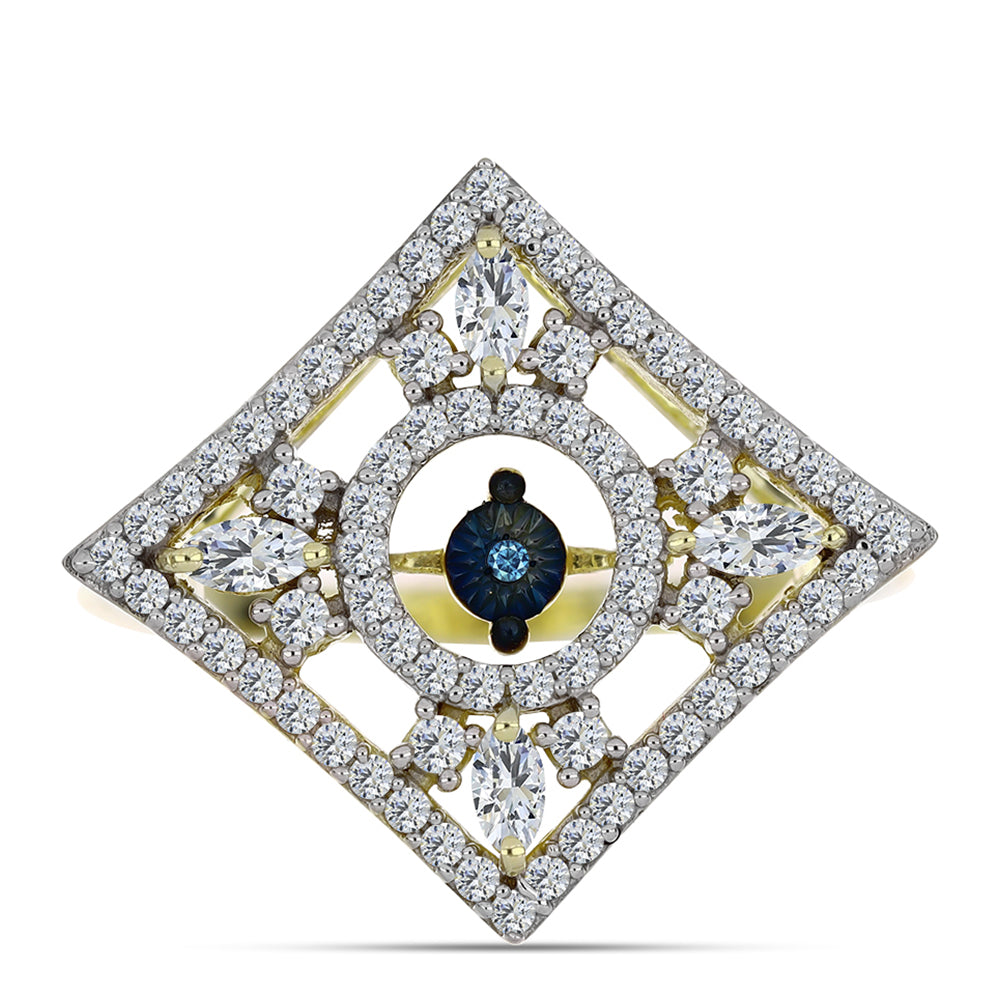 Anillo de Plata Bañada en Oro con Diamante azul danzante y Topacio Blanco