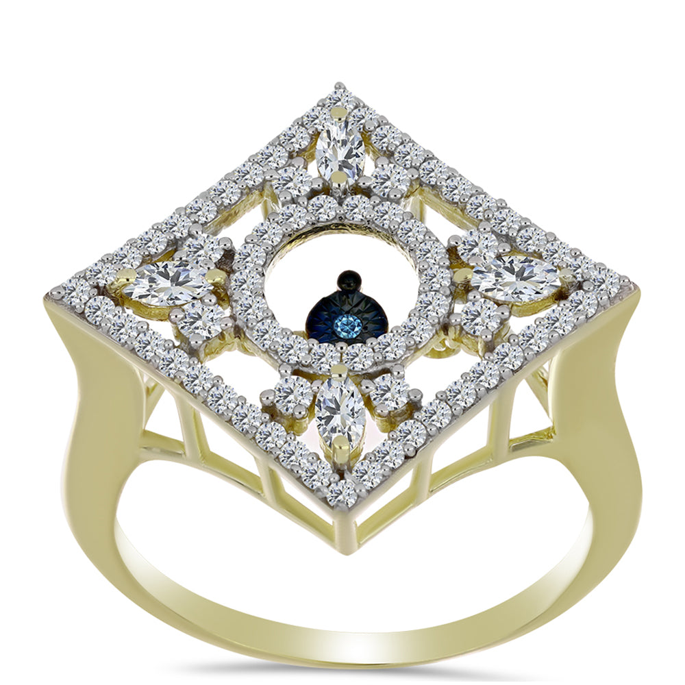 Anillo de Plata Bañada en Oro con Diamante azul danzante y Topacio Blanco 3 