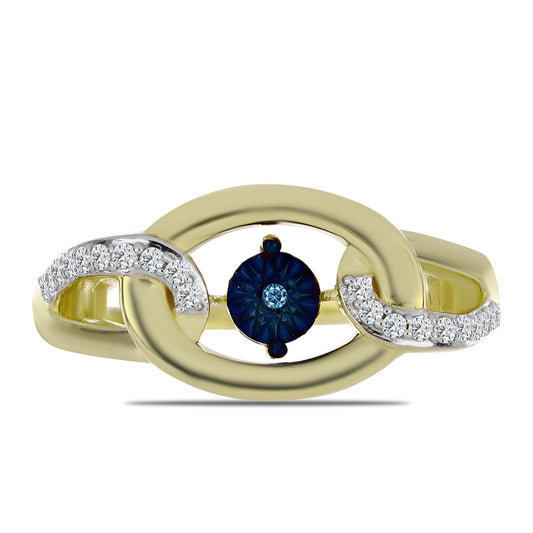 Anillo de Plata Bañada en Oro con Diamante azul danzante y Topacio Blanco