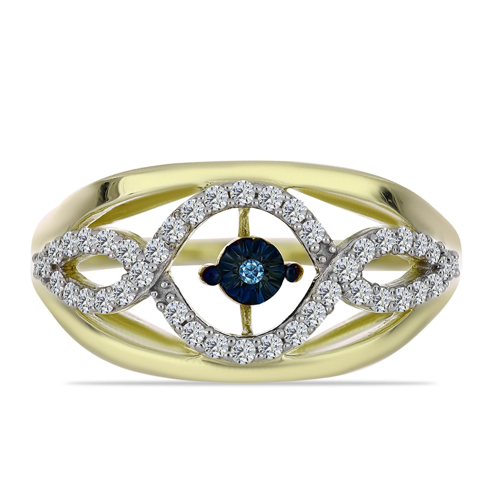 Anillo de Plata Bañada en Oro con Diamante azul danzante y Topacio Blanco 1 