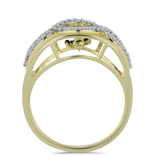 Anillo de Plata Bañada en Oro con Diamante azul danzante y Topacio Blanco