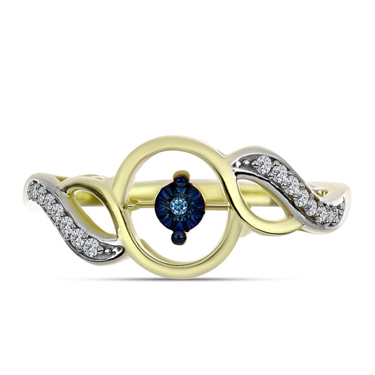 Anillo de Plata Bañada en Oro con Diamante azul danzante y Topacio Blanco